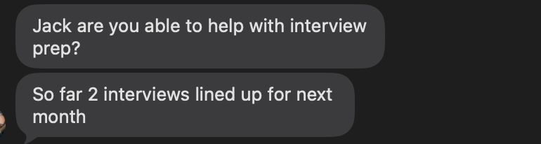 Message from Shivan P. asking about interview prep with two interviews lined up